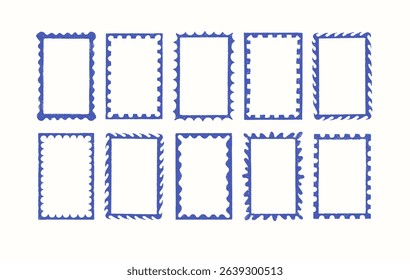 Stamp empty greeting cards with crayon elements on white background. Doodle squiggle frames with chalk ornament for greeting cards, wedding and birthday party. Vector border template in school hand dr