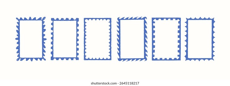 Stamp empty greeting cards with crayon elements on white background. Doodle squiggle frames with chalk ornament for greeting cards, wedding and birthday party. Vector  template in hand drawn style.