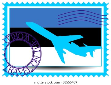 Stamp "Estonia (Tallinn), travel by plane on the world" vector eps10
