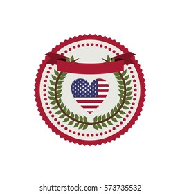 stamp with flag united states with heart shape and crown of leaves vector illustration