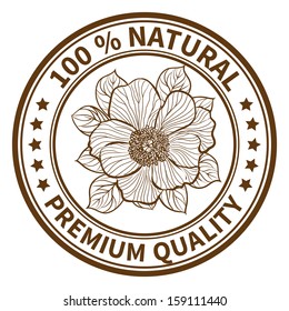 Stamp with the flower of peony and the text 100% natural, premium quality