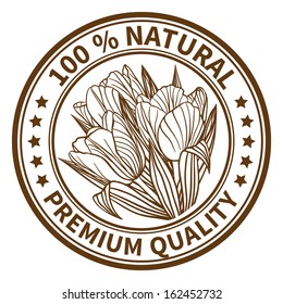 Stamp with the flower of tulips and the text 100% natural, premium quality