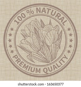 Stamp with the flower of tulips and the text 100% natural, premium quality