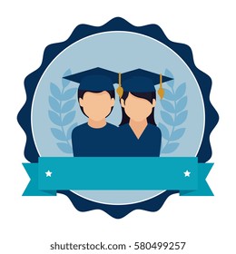 stamp frame with couple people graduated and ribbon