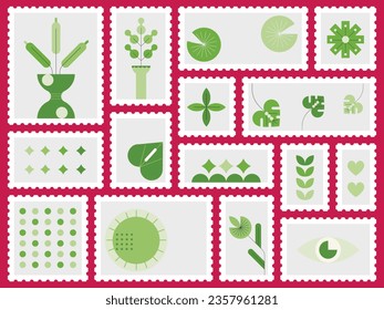 Stamp with green flowers and leaves geometric