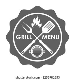 Stamp grill menu sign. Crossed barbecue tools, flame and text "GRILL MENU" on stamp . Isolated symbol on white background. Logo. Vector illustration