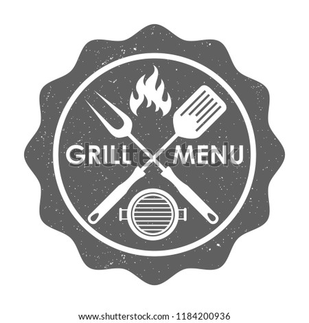 Stamp grill menu sign. Crossed barbecue tools, flame and text "GRILL MENU" on stamp . Isolated symbol on white background. Logo. Vector illustration