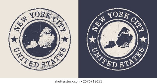 Stamp grunge postal of New York City set. Map silhouette rubber seal. Design vintage travel. Seal map of New York City grunge vector for poster, card, banner, social media, web, design. United States.