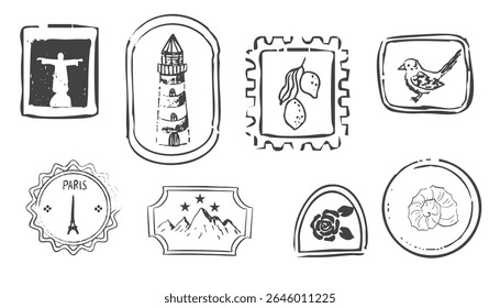 Stamp grunge retro postage seal, postmark with plane, doodle vintage decoration for scrapbook. Air mail tourism travel postcard.