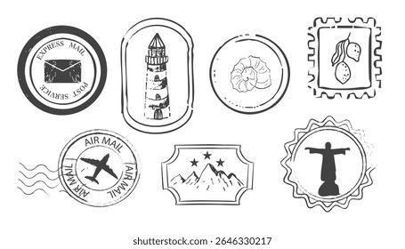 Stamp grunge retro postage seal, postmark with plane, doodle vintage decoration for scrapbook. Air mail tourism travel postcard.