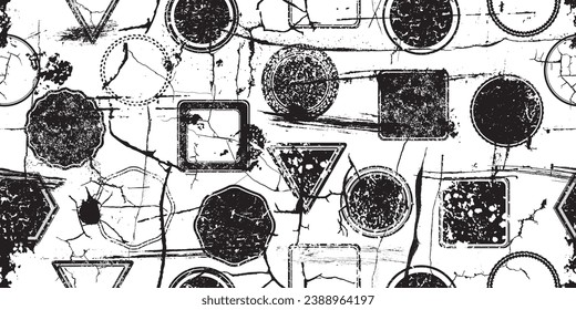 Stamp in grungy abstract forms . Post stamps seamless pattern texture. Grange shapes .Grunge textured . Vector shapes with circles .Screen print endless pattern texture