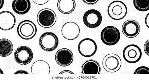 Carimbo em formas abstratas sujas . Carimbos de post textura de padrão sem costura. Grange formas .Grunge texturizado . Formas de vetor com círculos. Tela imprimir infinita textura de padrão