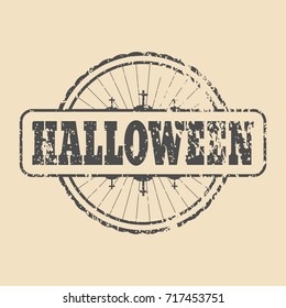 Stamp with Halloween text and tomb icons. Round shape. Grunge distress texture