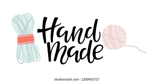 Stamp for handmade products. Hand made Handwritten Calligraphy lettering with wool threads coils. Logo for your product, shop, labels or badges, personal site. Vector knitting tag isolated on white
