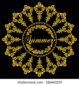  Stamp happy summer in the form of the sun. Black and yellow. Vector Version. 
