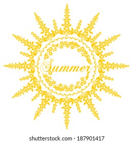 Stamp happy summer in the form of the sun. White and yellow. Vector Version.