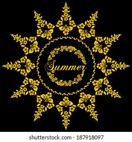 Stamp happy summer in the form of the sun. Black and yellow. Vector Version.