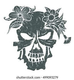 Stamp of human Skull with flowers. Vector illustration image