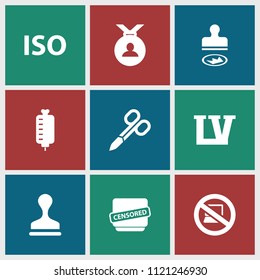 Stamp icon. collection of 9 stamp filled icons such as manicure scissors, medal, censored, iso, no laptop, vegas. editable stamp icons for web and mobile.