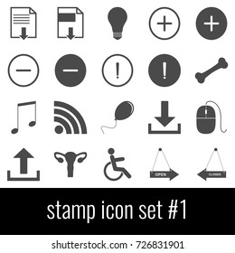 Stamp. Icon set 1. Gray icons on white background.