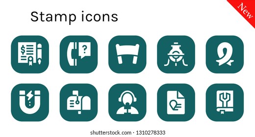 stamp icon set. 10 filled stamp icons.  Collection Of - Agreement, Question, Banner, Alchemy, Ribbon, Content, Mailbox, Reporter, Report, Manual