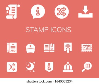 stamp icon set. 14 filled stamp icons. Included Agreement, Information, Shuffle, Download, Contract, Night, Ribbon, Manual, Baby hat, Stamp icons