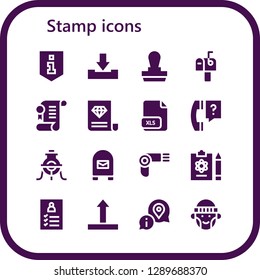  stamp icon set. 16 filled stamp icons. Simple modern icons about  - Information, Download, Stamp, Mailbox, Agreement, Certificate, Xls, Question, Alchemy, Hairdryer, Report, Register