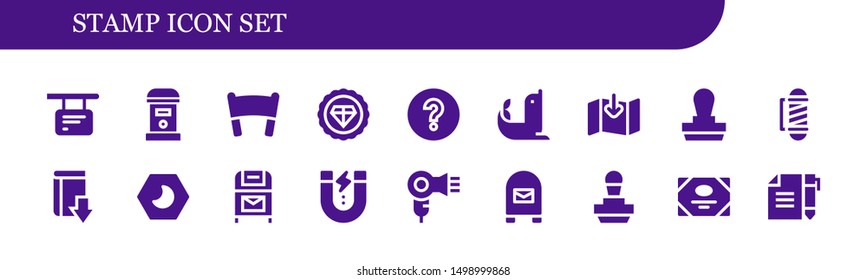 stamp icon set. 18 filled stamp icons.  Simple modern icons about  - Information, Mailbox, Banner, Premium, Question mark, Seal, Download, Stamp, Barber, Night, Postbox, Content