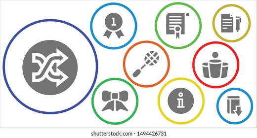 stamp icon set. 9 filled stamp icons.  Collection Of - Shuffle, Quality, Certificate, Ribbon, Information, Racket, Beer pong, Contract, Download