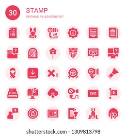 stamp icon set. Collection of 30 filled stamp icons included Prescription, Rabbit, Hairdryer, Info, Question, Fingerprint, Mailbox, Sevilla, Certificate, Ribbon, Download, Subscript