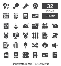 stamp icon set. Collection of 32 filled stamp icons included Thesis, Postcard, Boxing, Question, Free wifi, Volume, Download, Shuffle, Mailbox, Fingerprint, Report, Rabbit, Contract