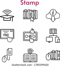 stamp icon set. included cap, books, book, information, touchscreen, learning, click icons. linear styles.