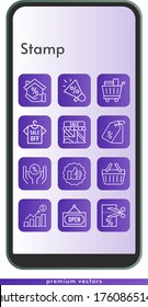 stamp icon set. included megaphone, profits, mortgage, shirt, shop, like, voucher, price tag, shopping cart, discount, open, shopping basket icons on phone design background . linear styles.