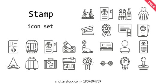 stamp icon set. line icon style. stamp related icons such as sold, stapler remover, barrel, agreement, pass, contract, rubber stamp, seal, certificate, saw, stamp, barbell, recommended, badges