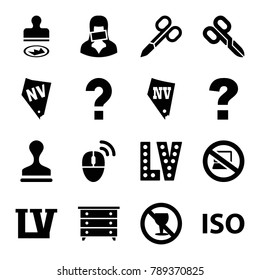 Stamp icons. set of 16 editable filled stamp icons such as nightstand, manicure scissors, vegas, stamp, question, no alcohol, censored woman, iso, computer mouse