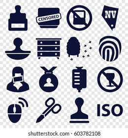 Stamp icons set. set of 16 stamp filled icons such as no laptop, stamp, nightstand, manicure scissors, Vegas, medal, honeycomb, drop counter, no alcohol, censored woman