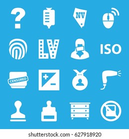 Stamp icons set. set of 16 stamp filled icons such as no laptop, stamp, nightstand, hair dryer, Vegas, medal, drop counter, censored woman, censored, light exposure, ISO