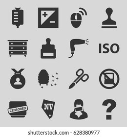 Stamp icons set. set of 16 stamp filled icons such as no laptop, stamp, nightstand, manicure scissors, hair dryer, Vegas, medal, honeycomb, drop counter, censored woman