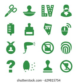 Stamp icons set. set of 16 stamp filled icons such as no laptop, stamp, manicure scissors, hair dryer, vegas, medal, honeycomb, drop counter, no alcohol, censored woman