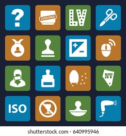 Stamp icons set. set of 16 stamp filled icons such as stamp, manicure scissors, hair dryer, vegas, medal, honeycomb, no alcohol, censored woman, censored, light exposure, iso