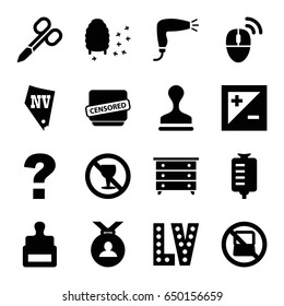 Stamp icons set. set of 16 stamp filled icons such as no laptop, stamp, nightstand, manicure scissors, hair dryer, vegas, medal, honeycomb, drop counter, no alcohol, censored