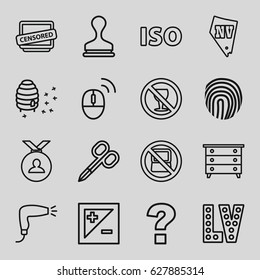 Stamp icons set. set of 16 stamp outline icons such as no laptop, nightstand, manicure scissors, hair dryer, Vegas, medal, stamp, honeycomb, no alcohol, censored