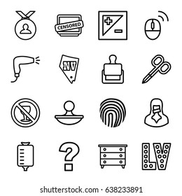 Stamp icons set. set of 16 stamp outline icons such as stamp, nightstand, manicure scissors, hair dryer, vegas, medal, drop counter, no alcohol, censored woman, censored