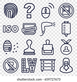 Stamp icons set. set of 16 stamp outline icons such as no laptop, stamp, nightstand, hair dryer, vegas, medal, honeycomb, drop counter, no alcohol, censored woman, censored