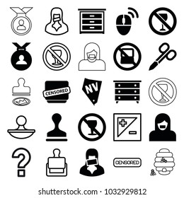 Stamp icons. set of 25 editable filled and outline stamp icons such as no laptop, nightstand, manicure scissors, medal, stamp, no alcohol, censored woman, censored