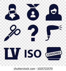 Stamp icons. set of 9 editable filled stamp icons such as manicure scissors, hair dryer, censored woman, censored, iso, vegas, medal