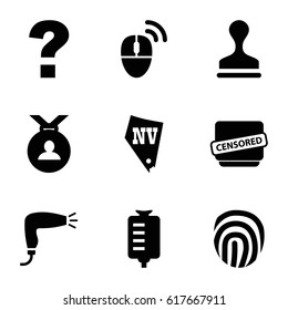 Stamp icons set. set of 9 stamp filled icons such as hair dryer, Vegas, medal, stamp, drop counter, censored, computer mouse, fingerprint