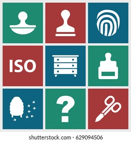 Stamp icons set. set of 9 stamp filled icons such as stamp, nightstand, manicure scissors, honeycomb, ISO, fingerprint