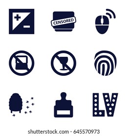 Stamp icons set. set of 9 stamp filled icons such as no laptop, stamp, vegas, honeycomb, no alcohol, censored, light exposure, computer mouse