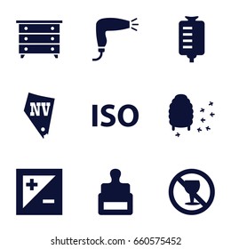 Stamp icons set. set of 9 stamp filled icons such as stamp, nightstand, hair dryer, vegas, honeycomb, drop counter, no alcohol, light exposure